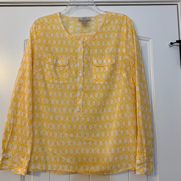 Loft Yellow & White w/ Buttons, 2 Pockets, Long Sleeve Blouse, S - Picture 1 of 4